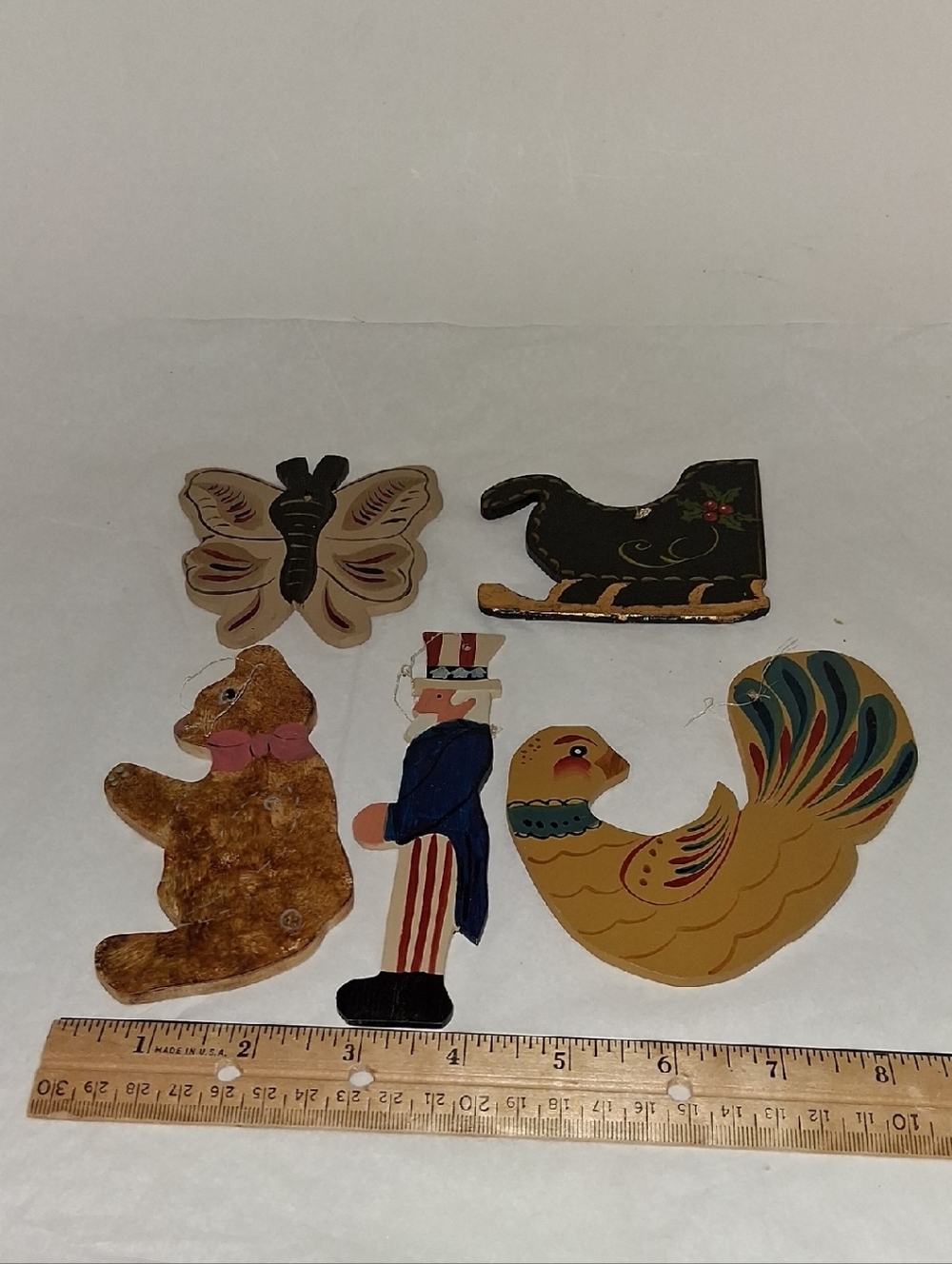 FOLK ART Handpainted Wooden Ornaments Lot Of 5